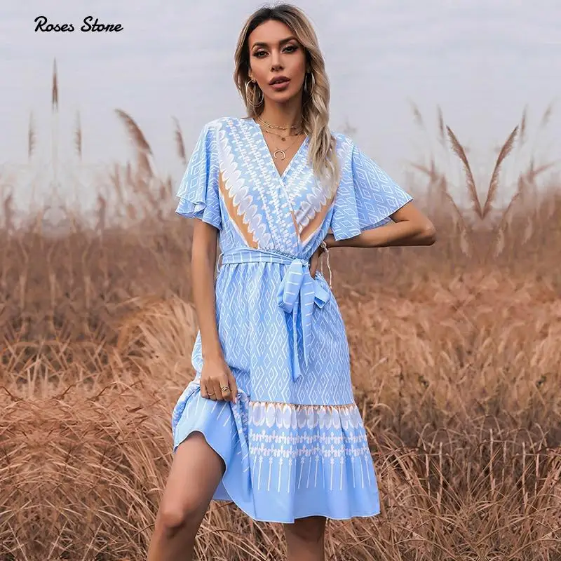 Summer Short Sleeve Sexy V Neck Pink Mdi Dress with Belt French Elegant Blue Holiday Beach Clothing for Women 2021 New Arrival
Summer Short Sleeve Sexy V Neck Pink Mdi Dress with Belt French Elegant Blue Holiday Beach Clothing for Women 2021 New Arrival