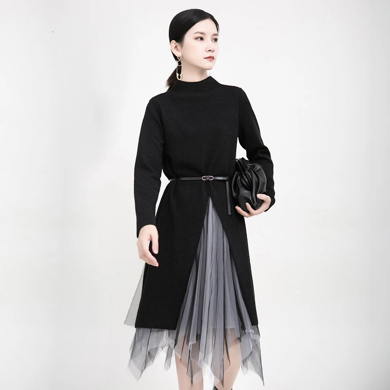 CHICEVER Irregular Patchwork Two Piece Set Women Turtleneck Knitted Split Sweater Mesh Asymmetrical Skirt Female Suits 2020 New | Женская
