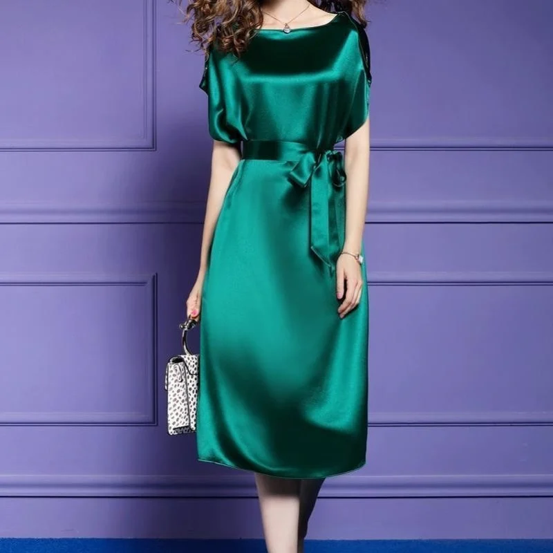 Acetate Satin Dress Elegant Temperament Silky Women's Short-sleeved Mid-length Lace-up Summer Slim Slimming A-line Skirt Women
Acetate Satin Dress Elegant Temperament Silky Women's Short-sleeved Mid-length Lace-up Summer Slim Slimming A-line Skirt Women