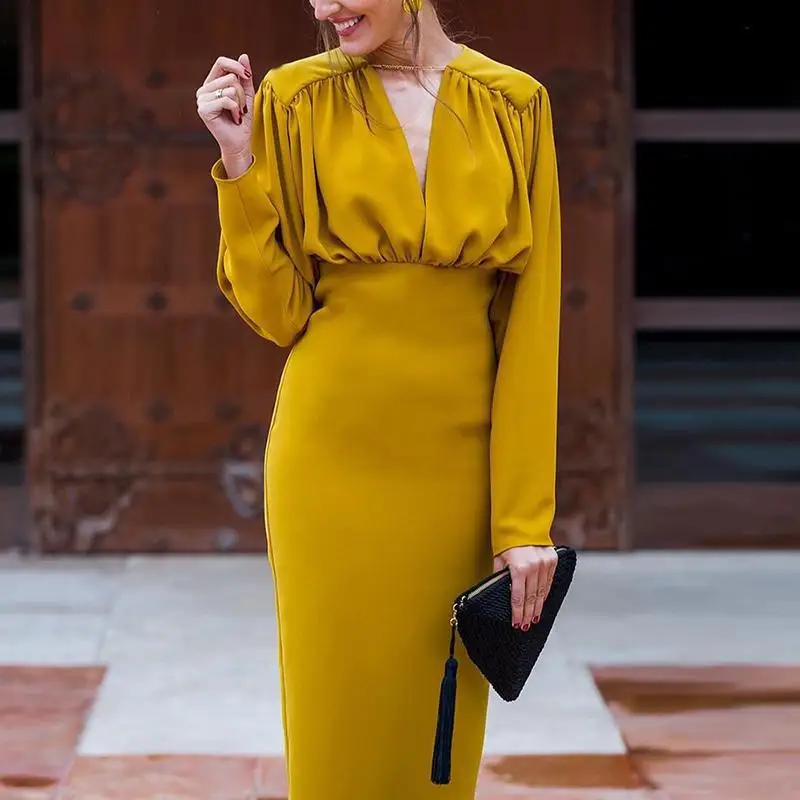 Women's elegant fold design office dress long sleeve yellow mid-length dress fashion all-match personality trend hot sale new
Women's elegant fold design office dress long sleeve yellow mid-length dress fashion all-match personality trend hot sale new