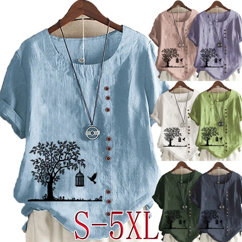 Women's Casual Tree Printed Linen Tops Round Neck Short Sleeved Plus Size T-Shirt Loose Graphic Blouse
Women's Casual Tree Printed Linen Tops Round Neck Short Sleeved Plus Size T-Shirt Loose Graphic Blouse