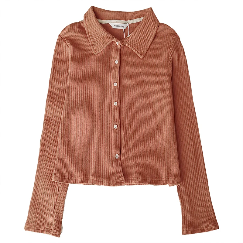 Retro pit stripe autumn temperament turn-down collar buttoned slim all-match knitted T-shirt
Retro pit stripe autumn temperament turn-down collar buttoned slim all-match knitted T-shirt