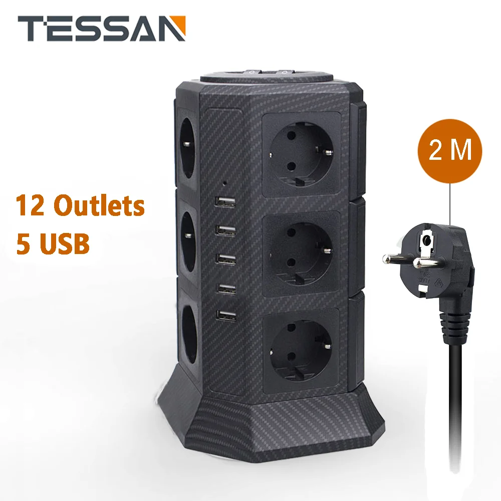 TESSAN EU Power Strip Tower with 12 AC Outlets + 5 USB Charger Adapter Extension Power Socket For charger EU plug
TESSAN EU Power Strip Tower with 12 AC Outlets + 5 USB Charger Adapter Extension Power Socket For charger EU plug