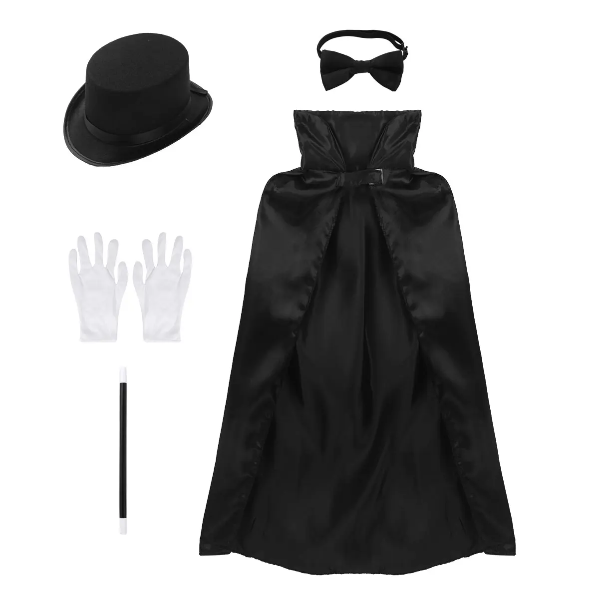 

5Pcs Kids Magician Cosplay Costume Halloween Role Play Outfit Cape Hat Magic Wand Gloves Necktie Set for Dance Party Dress Up