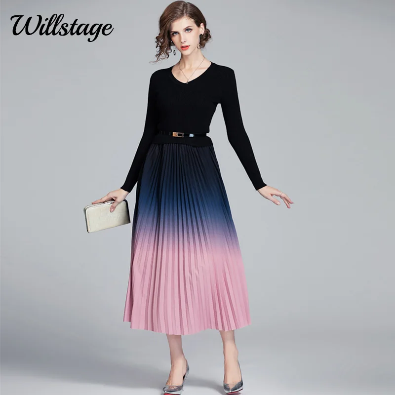 Willstage Pleated Dress with belt elegant knitted patchwork Gradient color dresses women V neck long sleeve Vestidos 2020
Willstage Pleated Dress with belt elegant knitted patchwork Gradient color dresses women V neck long sleeve Vestidos 2020