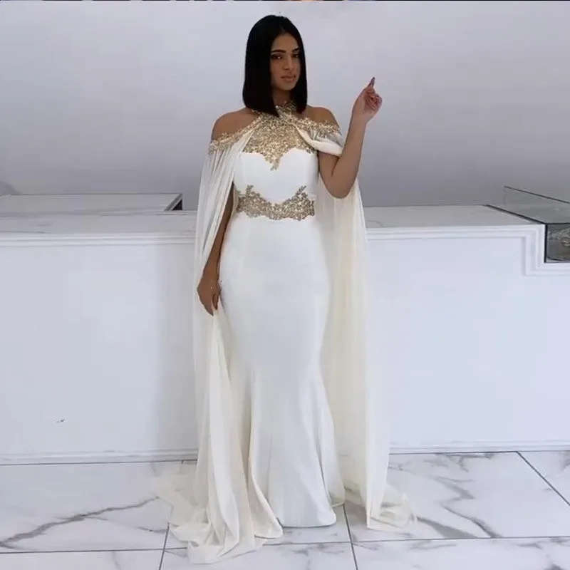 Mermaid Evening Dress Halter Beaded White and Gold Cape Arabic Dubai Prom Formal Gown Long Robe De Soiree Vestido Fiesta
Mermaid Evening Dress Halter Beaded White and Gold Cape Arabic Dubai Prom Formal Gown Long Robe De Soiree Vestido Fiesta
