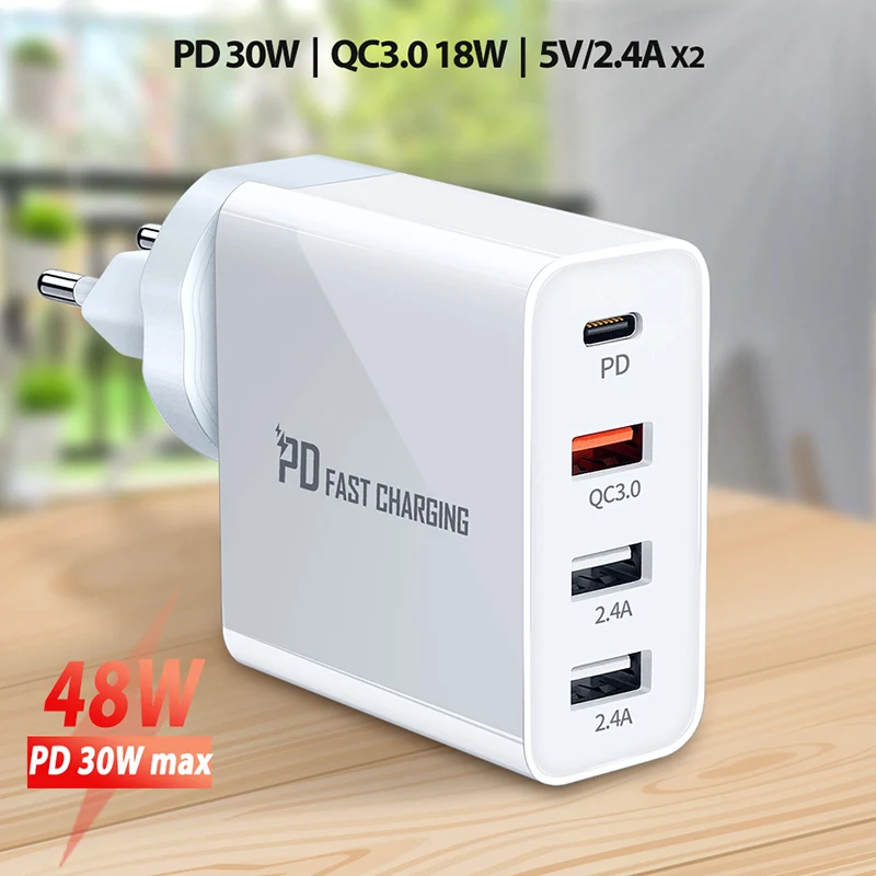 4 Ports USB Charger Quick Charge Plug 48W PD QC3.0 Portable Travel Charging Station For iPhone 12 Pro Xiaomi 11 US EU UK AU Plug
4 Ports USB Charger Quick Charge Plug 48W PD QC3.0 Portable Travel Charging Station For iPhone 12 Pro Xiaomi 11 US EU UK AU Plug