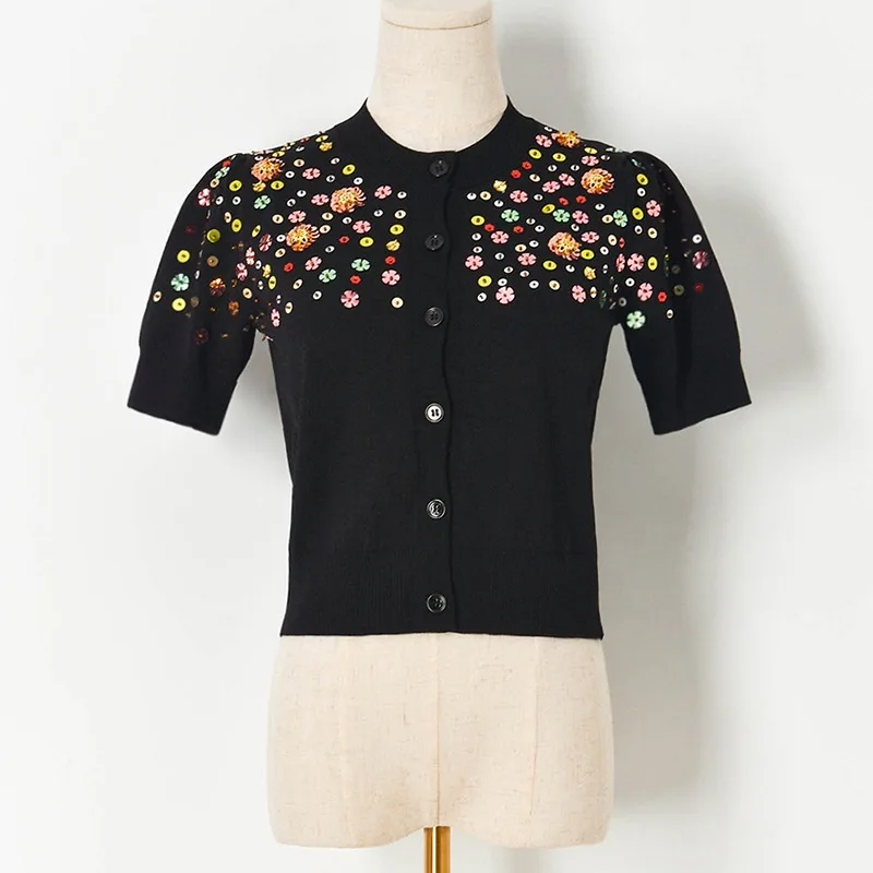 White/Black Knitted Sweater Female Summer 2021 New Korean Temperament O-neck Floral Sequins Cardigans Loose Women Crop Tops
White/Black Knitted Sweater Female Summer 2021 New Korean Temperament O-neck Floral Sequins Cardigans Loose Women Crop Tops