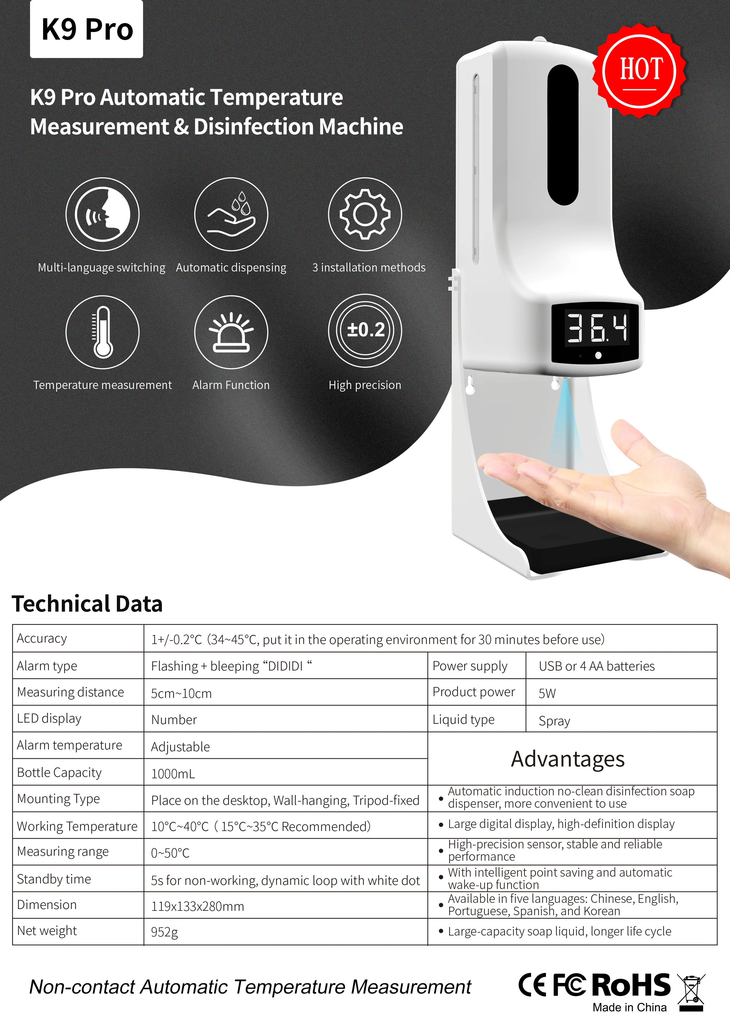 K9PRO Automatic Liquid Soap Dispenser Smart Sensor Digital Non-Contact Infrared Thermometer Hands Washing Free Sanitizer Machine
K9PRO Automatic Liquid Soap Dispenser Smart Sensor Digital Non-Contact Infrared Thermometer Hands Washing Free Sanitizer Machine