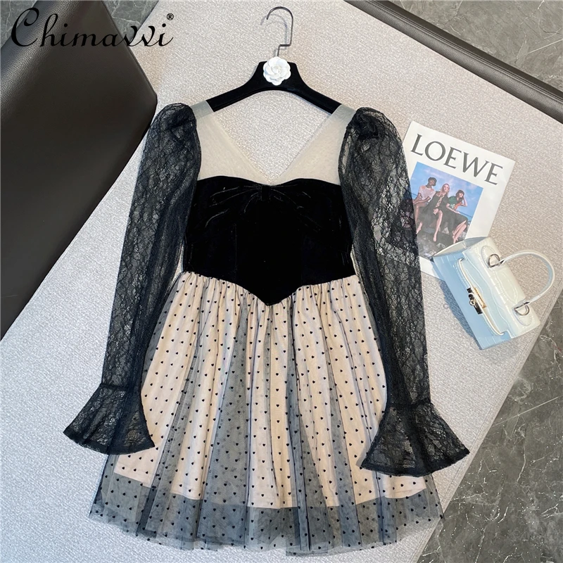 2021 Winter Clothes Retro French Sexy Polka Dot Mesh Sleeves Stitching Dress High Waist Slimming Pleated Velvet Dress for Women
2021 Winter Clothes Retro French Sexy Polka Dot Mesh Sleeves Stitching Dress High Waist Slimming Pleated Velvet Dress for Women