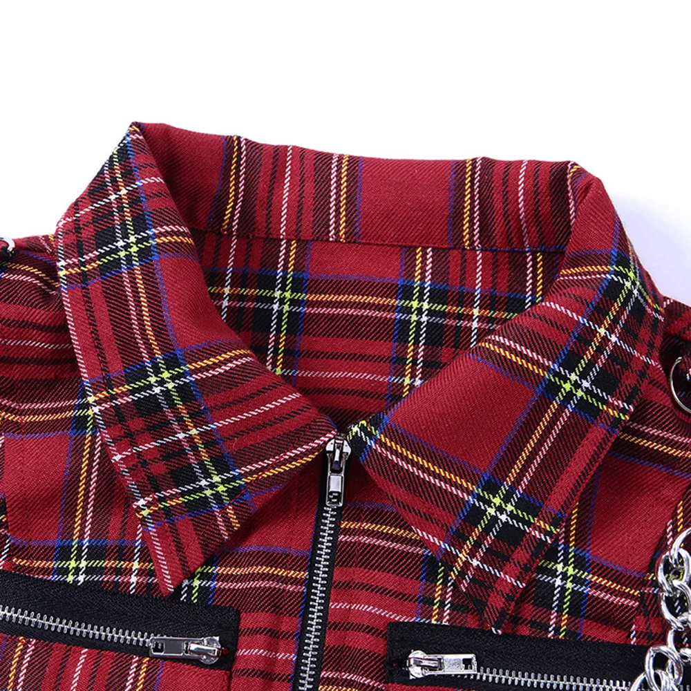 Goth Chic Sexy Club Punk OL Ladies Red Women Tops Vest Slim Lapel Zipper Chain Plaid Female Goth Retro Hip Hop Shirt Young Tee
Goth Chic Sexy Club Punk OL Ladies Red Women Tops Vest Slim Lapel Zipper Chain Plaid Female Goth Retro Hip Hop Shirt Young Tee