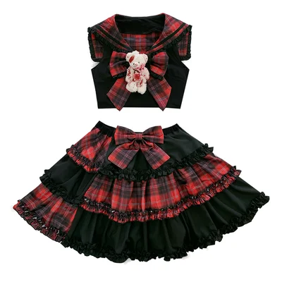Японская клетчатая плиссированная юбка Харадзюку для девочек черная и розовая