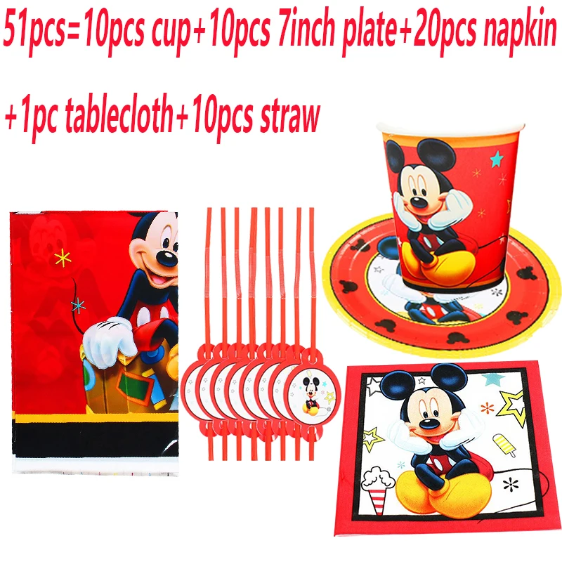 

10pcs/set Disney Red Mickey Mouse Party Decor Supplies Set Birthday Banner Flags Disposable Cup Plate Mickey Party Tablecloth