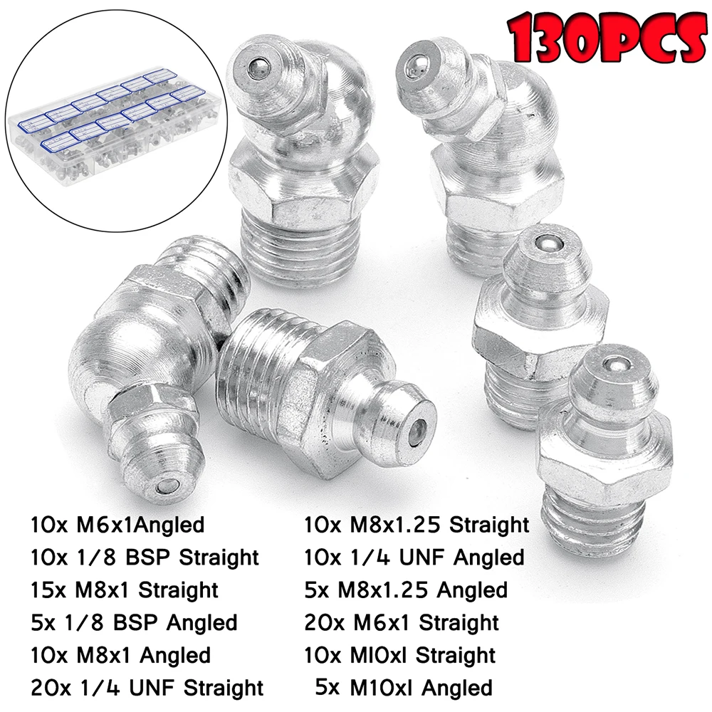 130Pcs Portable Hydraulic Galvanized Metal Grease Nipples Fitting Assortment Kits Fitting Metric Imperial BSP UNF M6 M8 M10 45°
130Pcs Portable Hydraulic Galvanized Metal Grease Nipples Fitting Assortment Kits Fitting Metric Imperial BSP UNF M6 M8 M10 45°