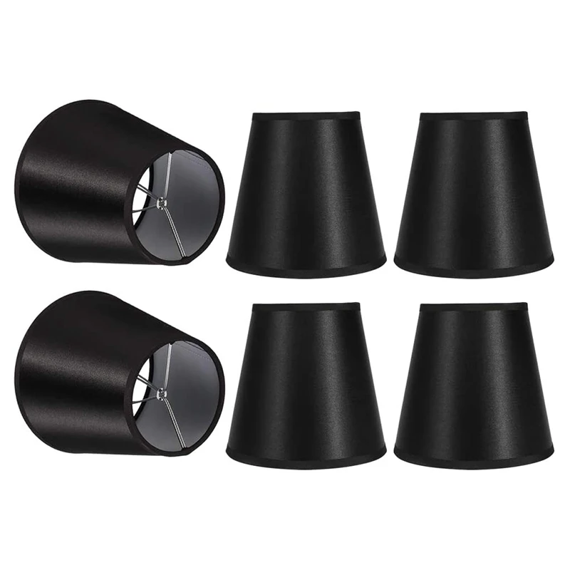 6Pcs Clip Lamp Shade In Black Faux Silk Fabric - Clips On To Candle Bulbs On Chandeliers And Wall Lights
6Pcs Clip Lamp Shade In Black Faux Silk Fabric - Clips On To Candle Bulbs On Chandeliers And Wall Lights