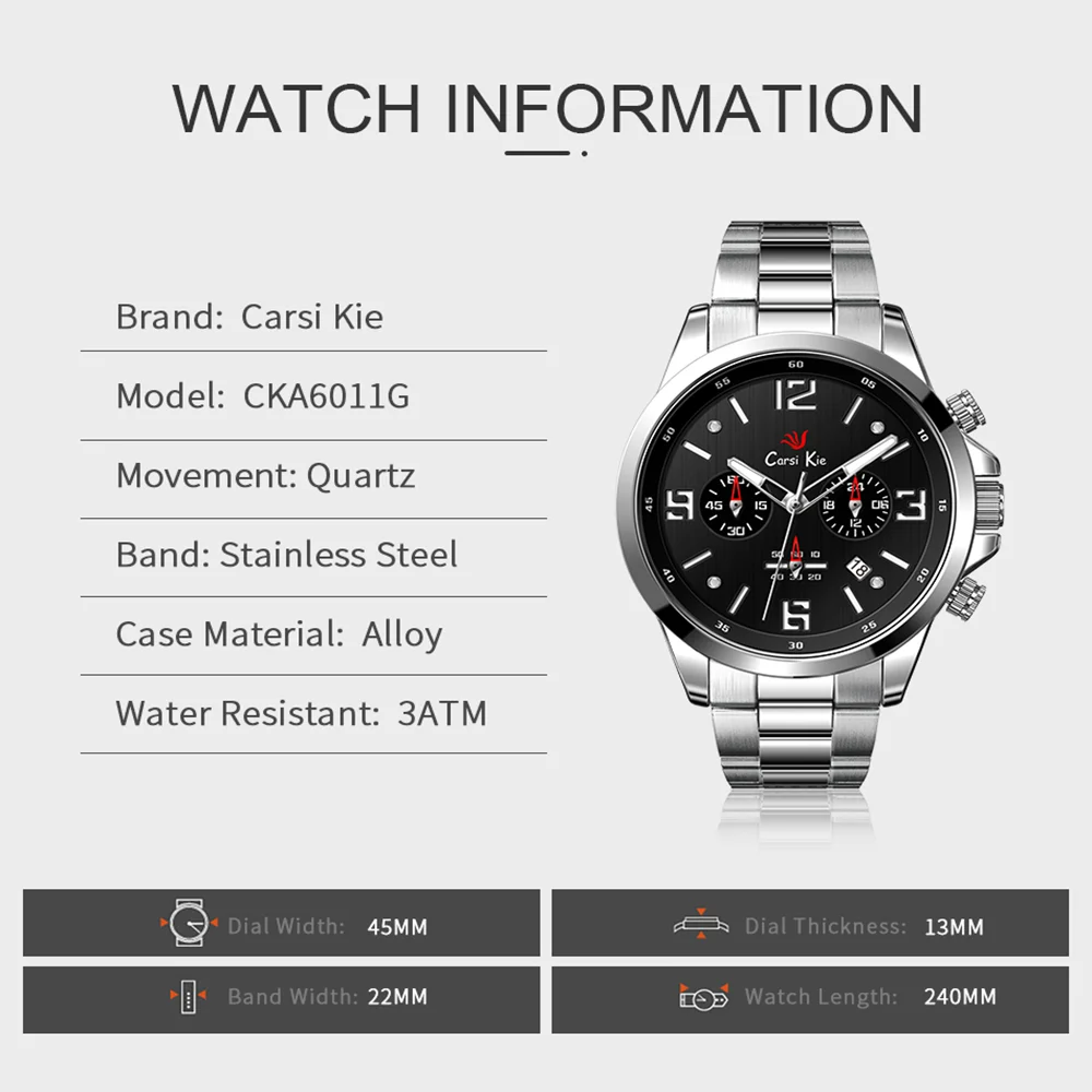 Carsikie Mens Quartz Multifunction Chronograph Sports Watches Fashion Waterproof Military Top Luxury Stainless Steel Wristwatch
Carsikie Mens Quartz Multifunction Chronograph Sports Watches Fashion Waterproof Military Top Luxury Stainless Steel Wristwatch