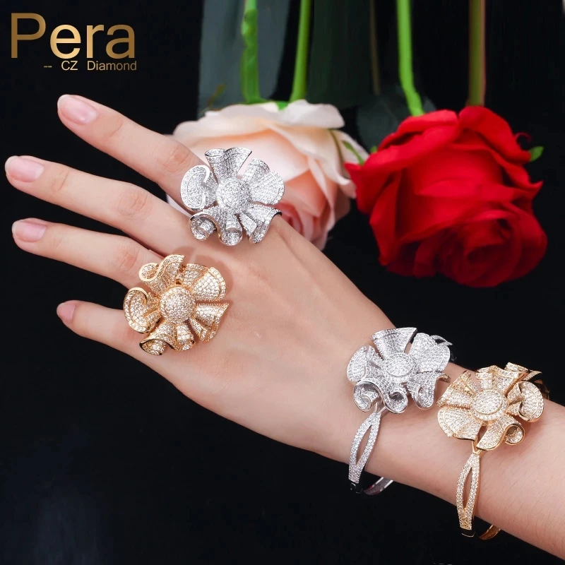Pera Luxury Yellow Gold Color Full Shinning Cubic Zirconia Big Flower Shape Bangle and Ring Women Engagement Party Jewelry Z031
Pera Luxury Yellow Gold Color Full Shinning Cubic Zirconia Big Flower Shape Bangle and Ring Women Engagement Party Jewelry Z031