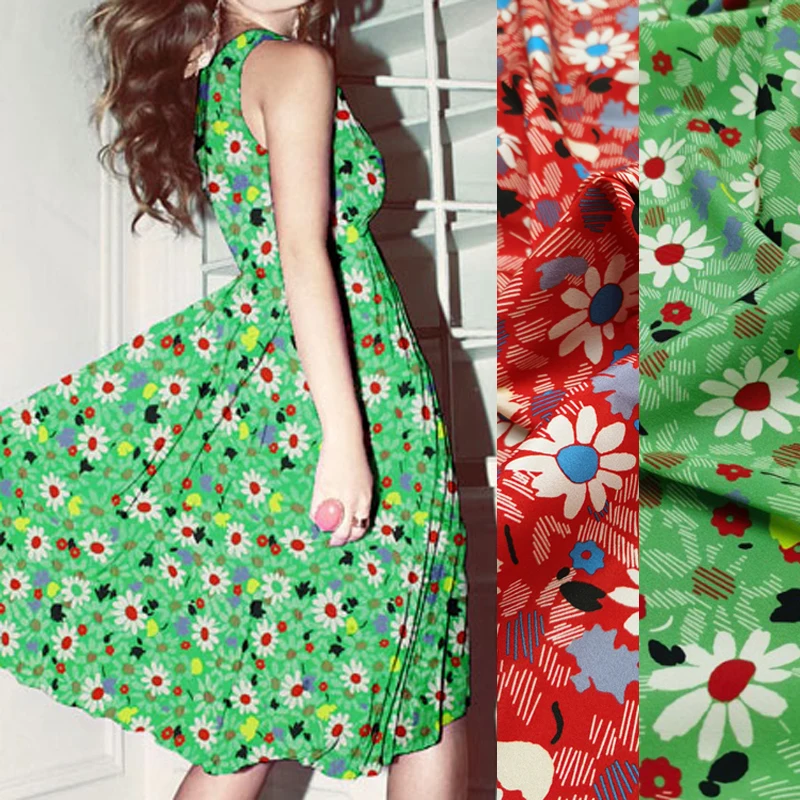 

140CM Wide 18MM 93% Silk 7% Spandex Daisy Floral Print Stretch Silk Crepe de Chine Fabric Red Green Dress 1 Meter Long D1137