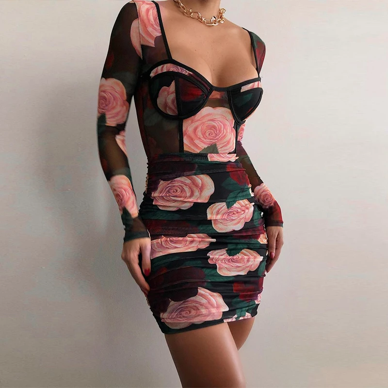 Mesh Dress Women Rose Print Long Sleeve Mesh See-through Patchwork Sexy Mini Elegant Party Dress Female Print Spring
Mesh Dress Women Rose Print Long Sleeve Mesh See-through Patchwork Sexy Mini Elegant Party Dress Female Print Spring