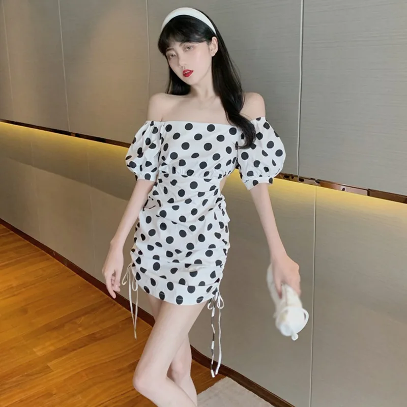 Fashion Polka Dot Drawstring Dress Sexy Slim Slash Neck Women Knee-Length Dresses Sweet Puff Sleeve Dress
Fashion Polka Dot Drawstring Dress Sexy Slim Slash Neck Women Knee-Length Dresses Sweet Puff Sleeve Dress