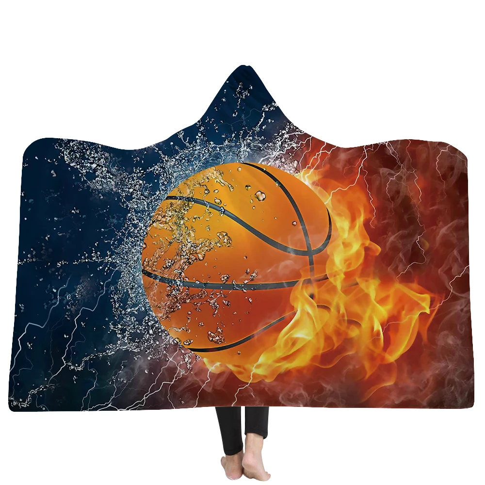 3D Printed Sport Ball print Hooded Blanket For Adults Wearable Fleece Throw Blankets Soft Fluffy weighted Winter | Дом и сад