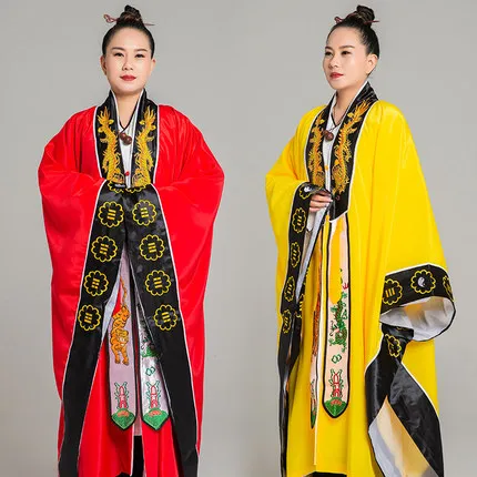 

Taoist Red Yellow robe men and women TV Movie Immortal practice clothes dragon Embroidery collar plain face Daoist clothing thin