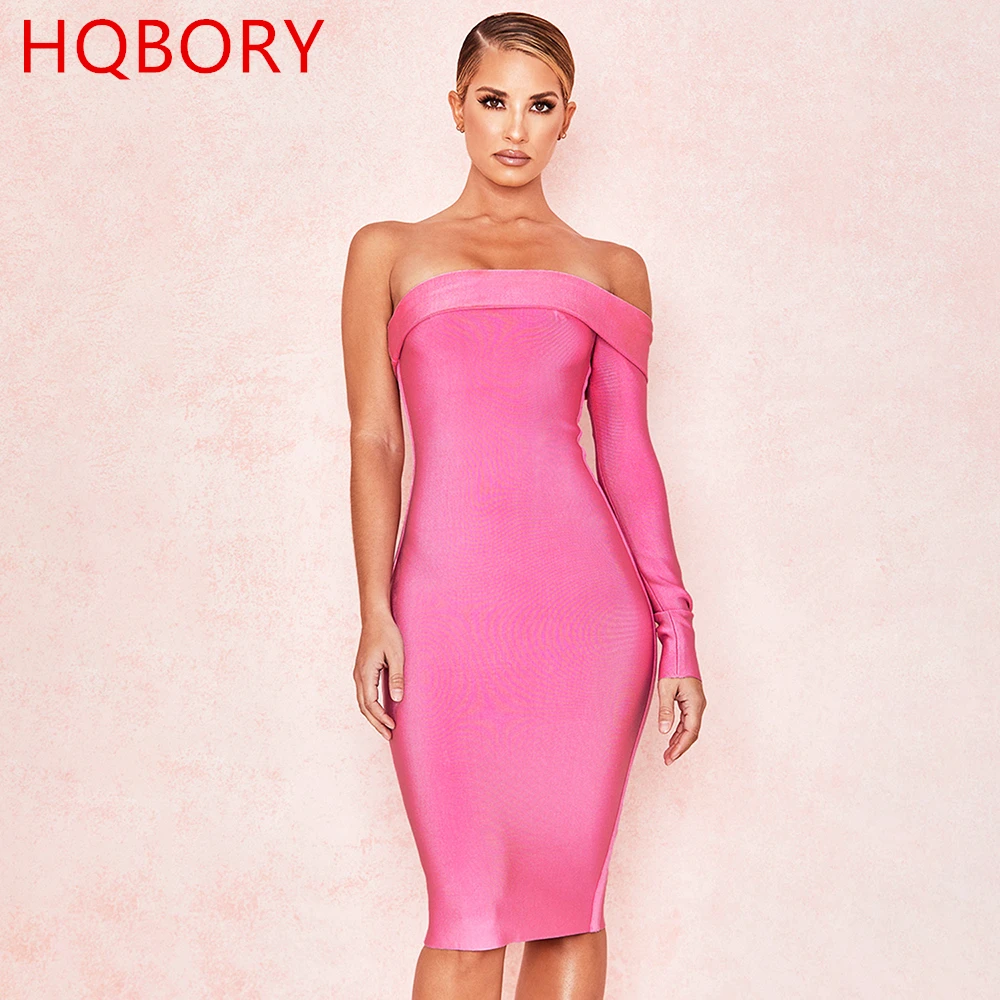 pink long sleeve sexy lady off shoulder slash neck bodycon knee length celebrity bandage dresses|Женские платья| |