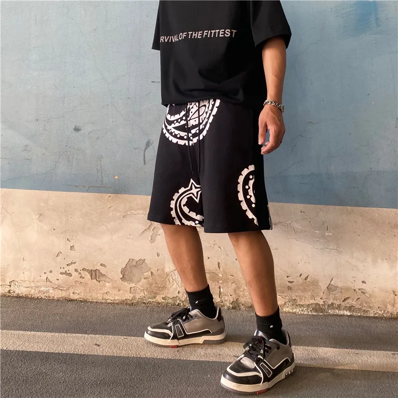 

High Street Terry Cashew Print Casual Mens Shorts Harajuku Retro Straight Oversize Cotton Summer Knee Lenght Pants