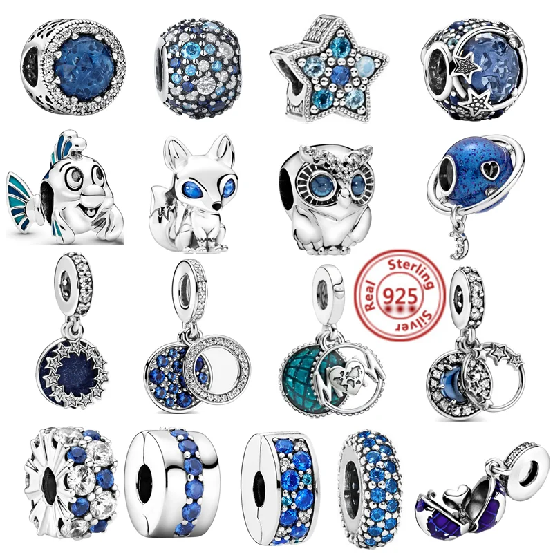 

Couqcy Authentic 925 Sterling Silver Beads Blue Crystal Owl Stars Sparkling Charm Fit Original Pandora Bracelet DIY Bead Jewelry