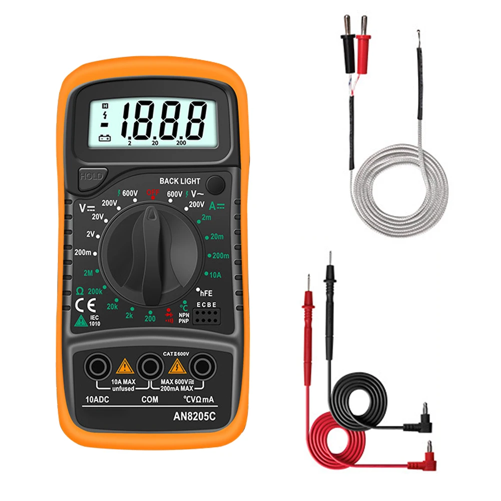 Portable AN8205C Digital Multimeter AC/DC Ammeter Volt Ohm Tester Meter Multimetro With Portable Thermocouple LCD Backlight
Portable AN8205C Digital Multimeter AC/DC Ammeter Volt Ohm Tester Meter Multimetro With Portable Thermocouple LCD Backlight