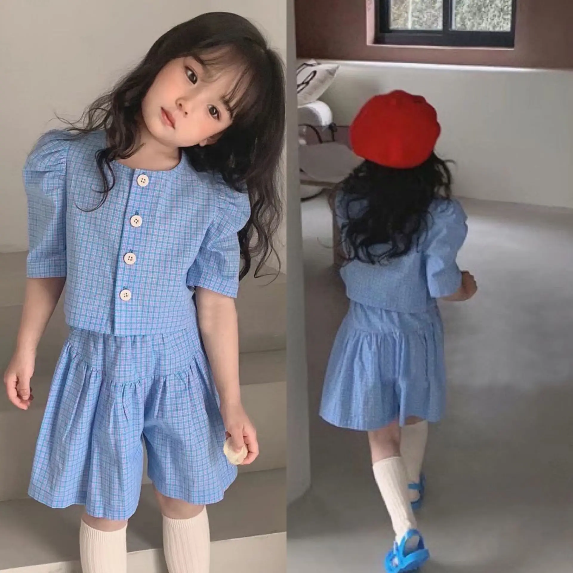 Children's Temperament Suit Blue Plaid Summer Girl Shirt Top + shorts Culottes Two-piece Suit 3-8 Years Old Children
Children's Temperament Suit Blue Plaid Summer Girl Shirt Top + shorts Culottes Two-piece Suit 3-8 Years Old Children