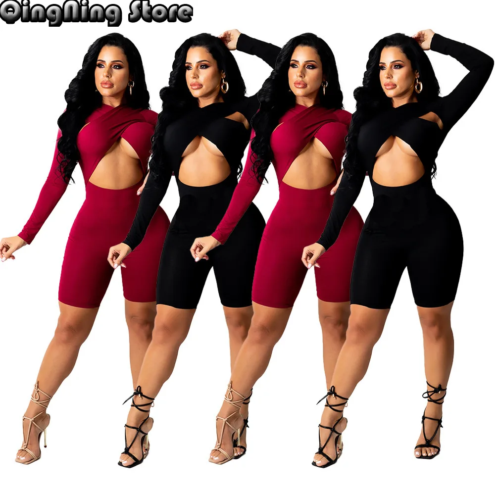 

Criss Cross Cleavage Rompers Womens Jumpsuit Black Long Sleeve Waist Band Cut Out Skinny Overall Autumn Burgundy Slim Playsuit