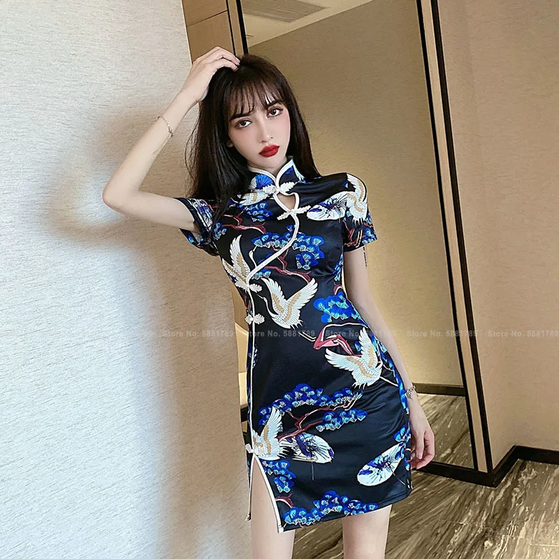 

Женское приталенное ретро платье Ципао в китайском стиле с принтом журавлей, пикантное винтажное Восточное мини-платье, одежда