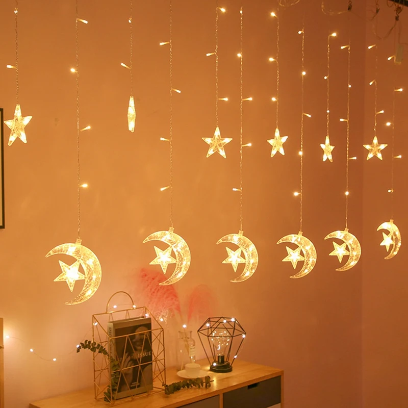 US110V/EU220V LED Star Moon Curtain String Lights Window Curtain Lights with 8 Flashing Modes Ramadan Decoration
US110V/EU220V LED Star Moon Curtain String Lights Window Curtain Lights with 8 Flashing Modes Ramadan Decoration