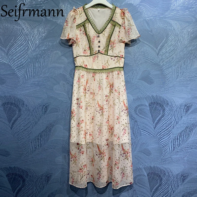 

Seifrmann 2021 новые летние женские модные взлетно-посадочной полосы вечерние миди платье с короткими рукавами, кружевное, с оборками на талии в г...