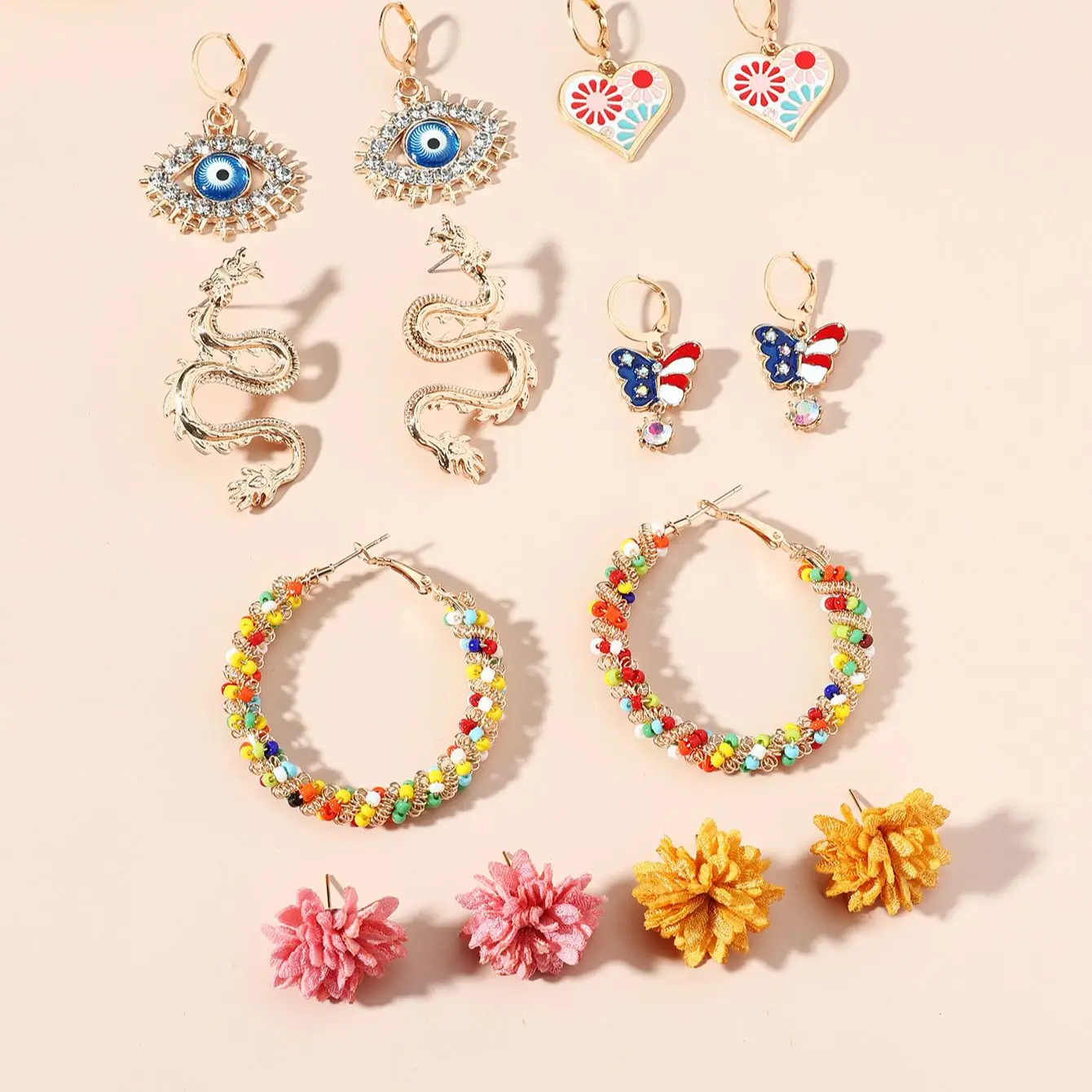 Evil eyes heart-shaped dragon butterfly multicolor beads flower rhinestone ladies earring earrings jewelry set earrings 7 pairs
Evil eyes heart-shaped dragon butterfly multicolor beads flower rhinestone ladies earring earrings jewelry set earrings 7 pairs