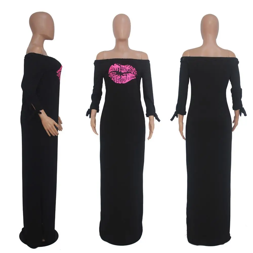 European and American fashion lip print dress with one neck casual solid color loose women's long skirt
European and American fashion lip print dress with one neck casual solid color loose women's long skirt