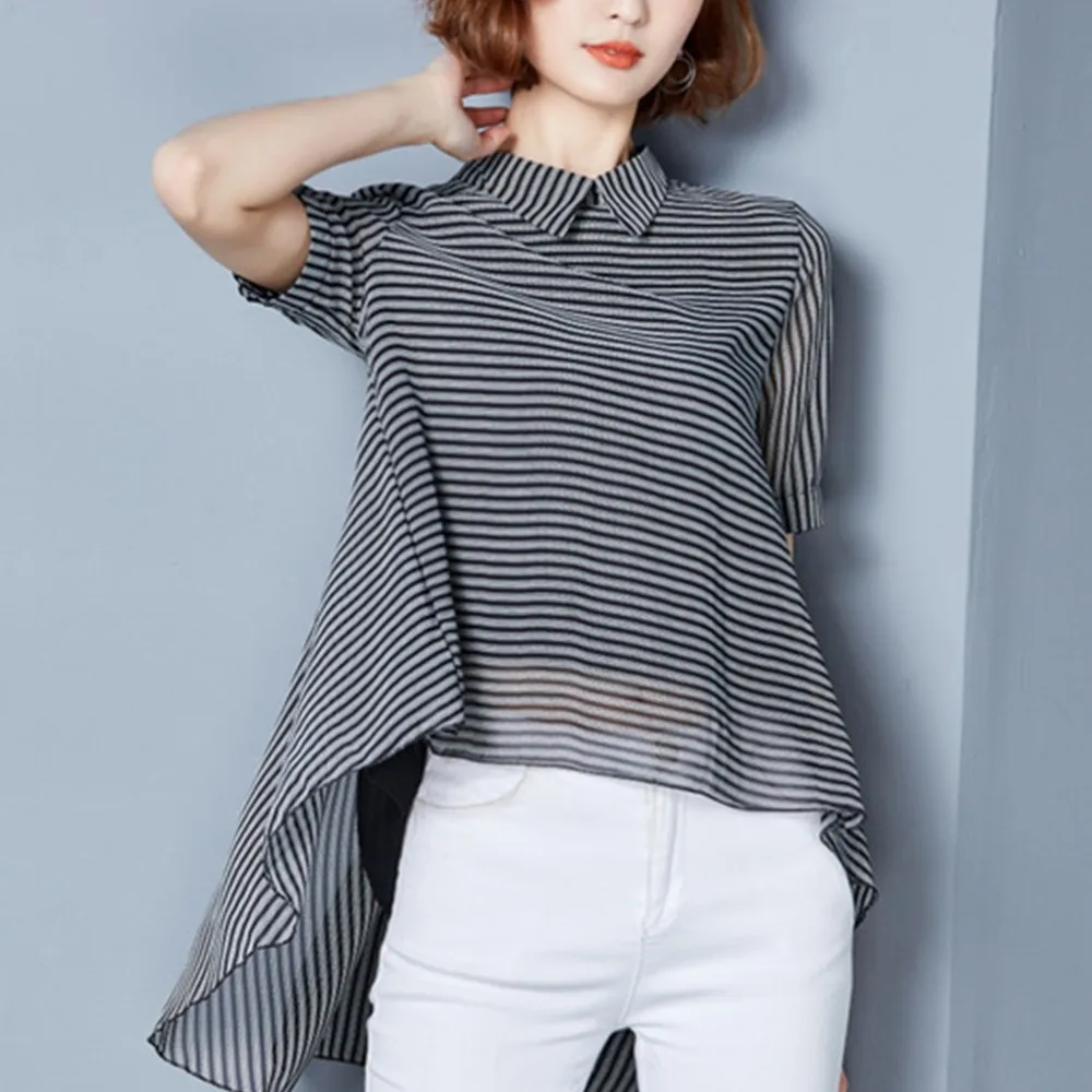Thin Striped T-shirt Women Turn-Down Collar Short Sleeve Sunscreen Casual Shirt Plus Size Oversize Elegant Shirt Pullover Blouse
Thin Striped T-shirt Women Turn-Down Collar Short Sleeve Sunscreen Casual Shirt Plus Size Oversize Elegant Shirt Pullover Blouse