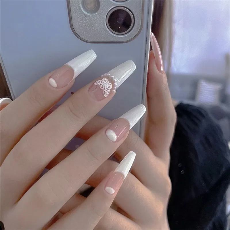 24Pcs Press On Nails White Pearl Coffin False Nails Butterfly 3D Pattern Design Pink Long French Ballet Fake Nails Tips
24Pcs Press On Nails White Pearl Coffin False Nails Butterfly 3D Pattern Design Pink Long French Ballet Fake Nails Tips