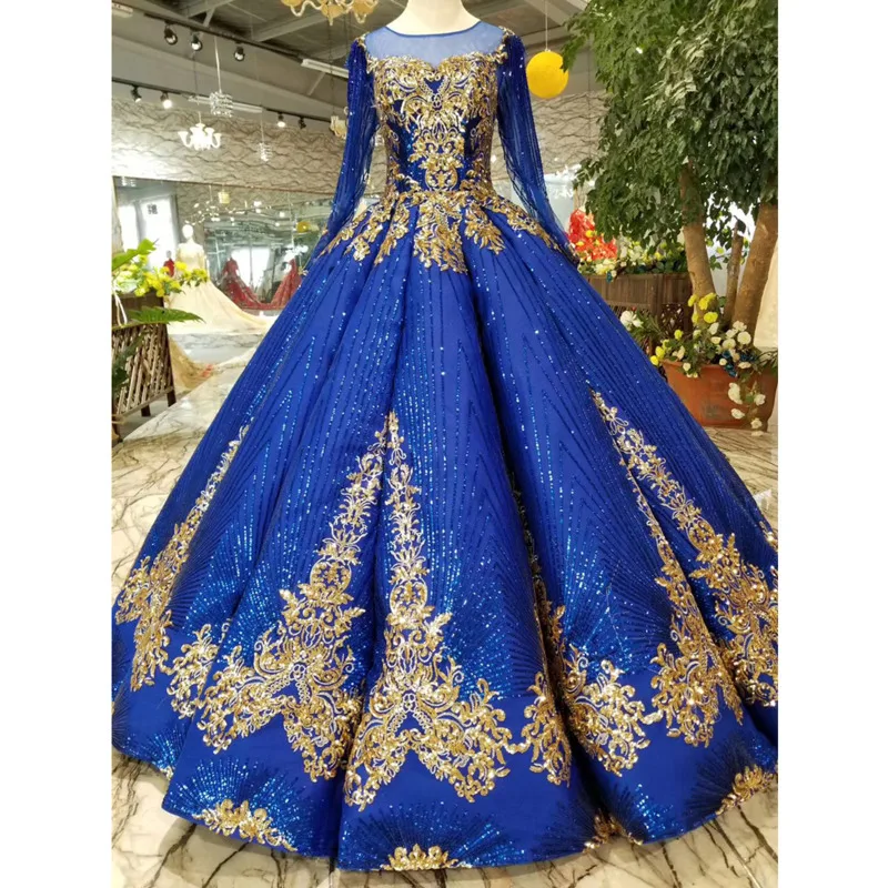 BGW 21528ht Swollen Blue Evening Dresses 2020 O Neck Long Tulle Sleeves Lace Up Back Ball Gown Prom With Golden Sequins | Свадьбы и