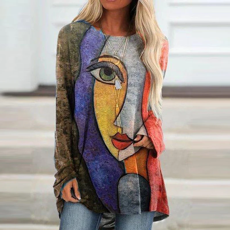 Abstract Face Print O Neck Pullover Top Colorful Casual Shirts Women Spring Autumn Long Sleeved Loose Streetwear Blouse Pullover 
Abstract Face Print O Neck Pullover Top Colorful Casual Shirts Women Spring Autumn Long Sleeved Loose Streetwear Blouse Pullover
