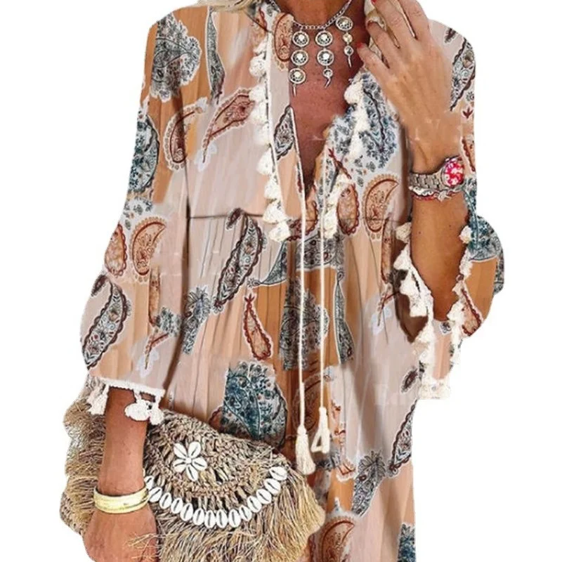 2021 New Women's Clothes Printed V-neck Pink Pullover Temperament Commuter Tassel Long-sleeved Dress Dresses for Women
2021 New Women's Clothes Printed V-neck Pink Pullover Temperament Commuter Tassel Long-sleeved Dress Dresses for Women