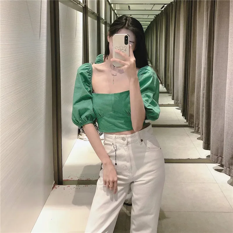 Za Women Top Sexy Backless Crop Top Woman 2021 Fashion Square Neck Puff Sleeve Tops Summer Green Cross Straps Female Blouses
Za Women Top Sexy Backless Crop Top Woman 2021 Fashion Square Neck Puff Sleeve Tops Summer Green Cross Straps Female Blouses