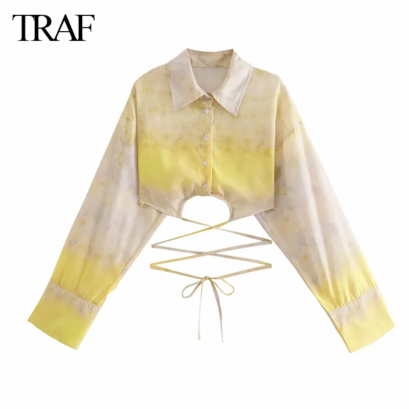 TRAF Women's Clothing Fashion With Tied Tie dye Print Cropped Blouses Vintage Lapel Collar Long Sleeve Female Shirts Chic Tops 
TRAF Women's Clothing Fashion With Tied Tie dye Print Cropped Blouses Vintage Lapel Collar Long Sleeve Female Shirts Chic Tops