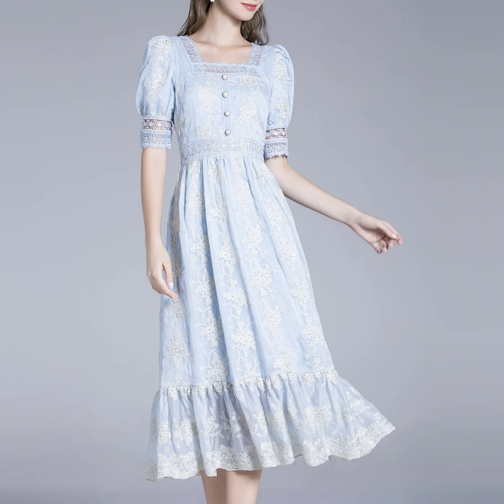 

Женское элегантное винтажное платье с вышивкой, Летнее Длинное платье бежевого и синего цвета с короткими рукавами-фонариками и кружевной отделкой, с вышивкой