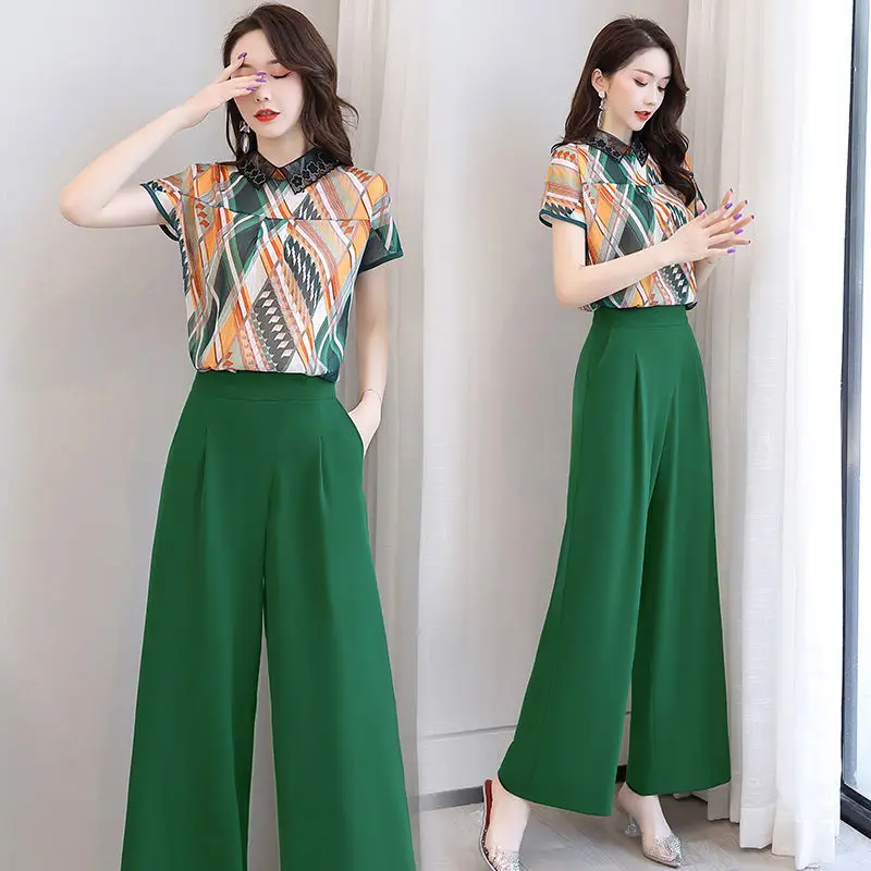 2021 New Summer Women's Korean Green Fashion Short Sleeve Printing Top + High Waisted Wide Leg Pants Suits Two-piece Sets X113
2021 New Summer Women's Korean Green Fashion Short Sleeve Printing Top + High Waisted Wide Leg Pants Suits Two-piece Sets X113