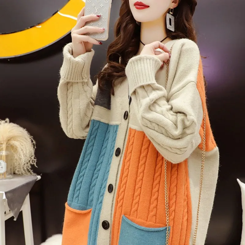 Lugentolo, корейский вязаный кардиган, женские свободные свитера, Осенний модный однобортный лоскутный цветной свитер с V-образным вырезом 
Lugentolo, корейский вязаный кардиган, женские свободные свитера, Осенний модный однобортный лоскутный цветной свитер с V-образным вырезом