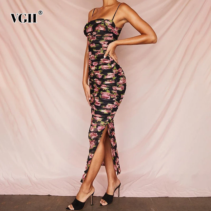VGH Sexy Floral Print Crinkle Dress For Women Square Collar Sleeveless High Waist Slimming Side Split Midi Dresses Female 2021 
VGH Sexy Floral Print Crinkle Dress For Women Square Collar Sleeveless High Waist Slimming Side Split Midi Dresses Female 2021