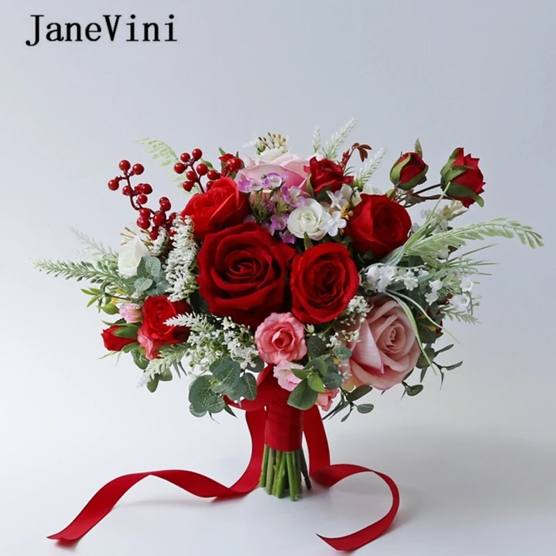 

JaneVini Romantic Red Peonies Bridal Bouquets Artificial Silk Flowers Wedding Bride Holding Fake Bouquet Ramo Flores Novia 2021