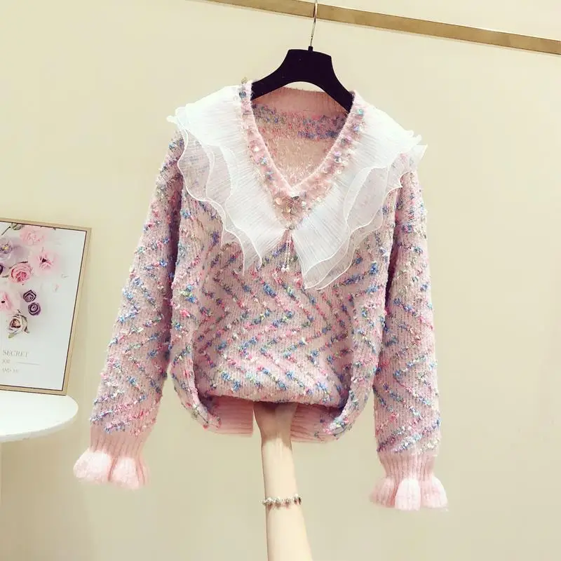 Mesh Beading Sequins V-neck Mixed Color Knitwear 2021 Autumn Winter New Patchwork Sweet Striped Sweater for Women Sweaters Y560
Mesh Beading Sequins V-neck Mixed Color Knitwear 2021 Autumn Winter New Patchwork Sweet Striped Sweater for Women Sweaters Y560
